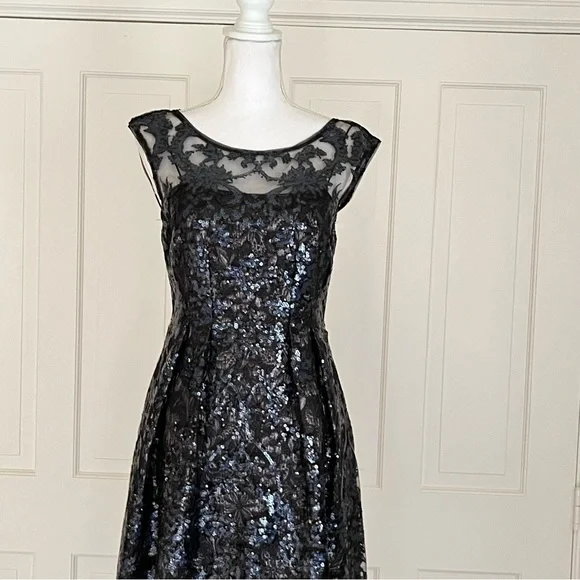 Kay Unger navy black embellished tea length gown 4 - Picture 5 of 13